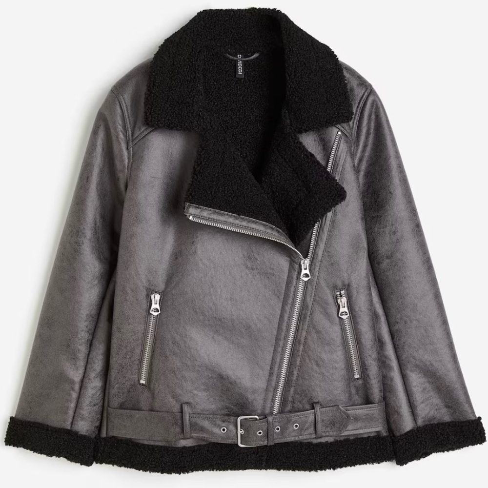 ♥️ H&M Oversized Faux Shearling Aviator Jacket Gray Black Size L